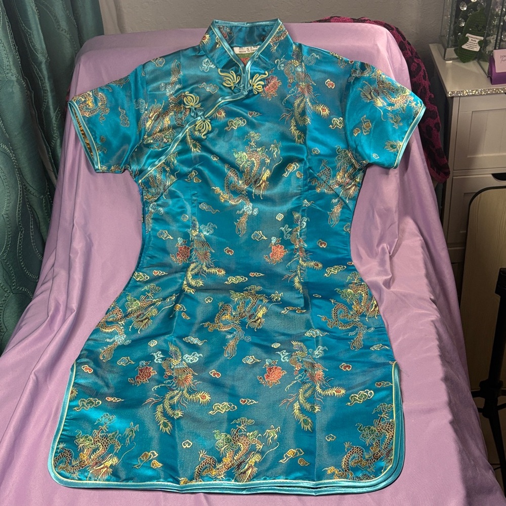 Elegant Blue Cheongsam Dress with Dragon Embroidery